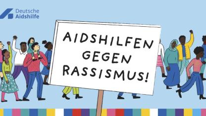 Illustration von Demo mit Schild "Aidshilfen gegen Rassismus"